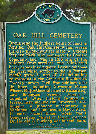 Back of Michigan Historical Marker at Oak Hill Cemetery in Pontiac, MI. Photo ©2014 Look Around You Ventures LLC.